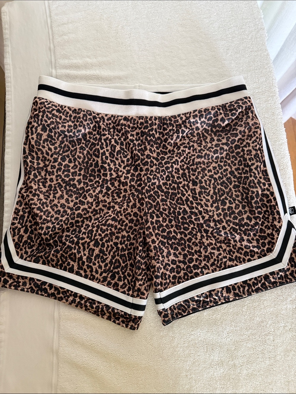 Leopard Print Swim Shorts with Black & White Stripe